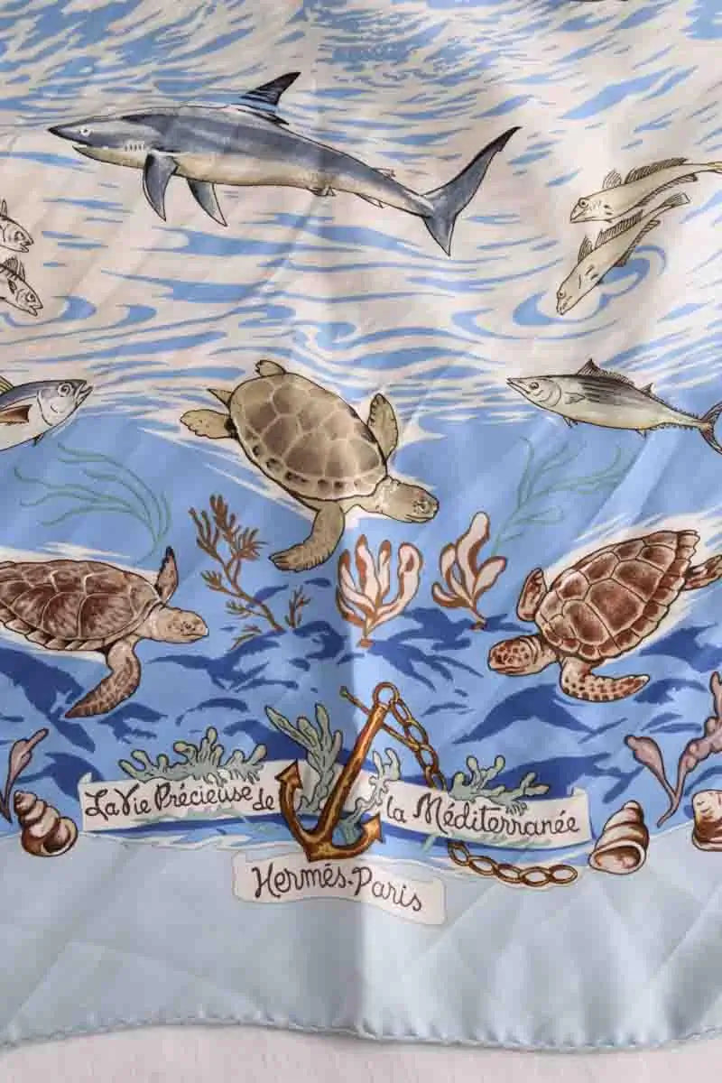 Carré Hermès La vie précieuse de la méditerranée Bleu en Soie