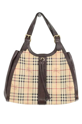 Cabas Burberry Burberry Haymarket check buckle drawstring tote Marron en Cuir - Seconde Main