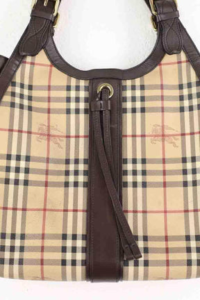 Cabas Burberry Burberry Haymarket check buckle drawstring tote Marron en Cuir
