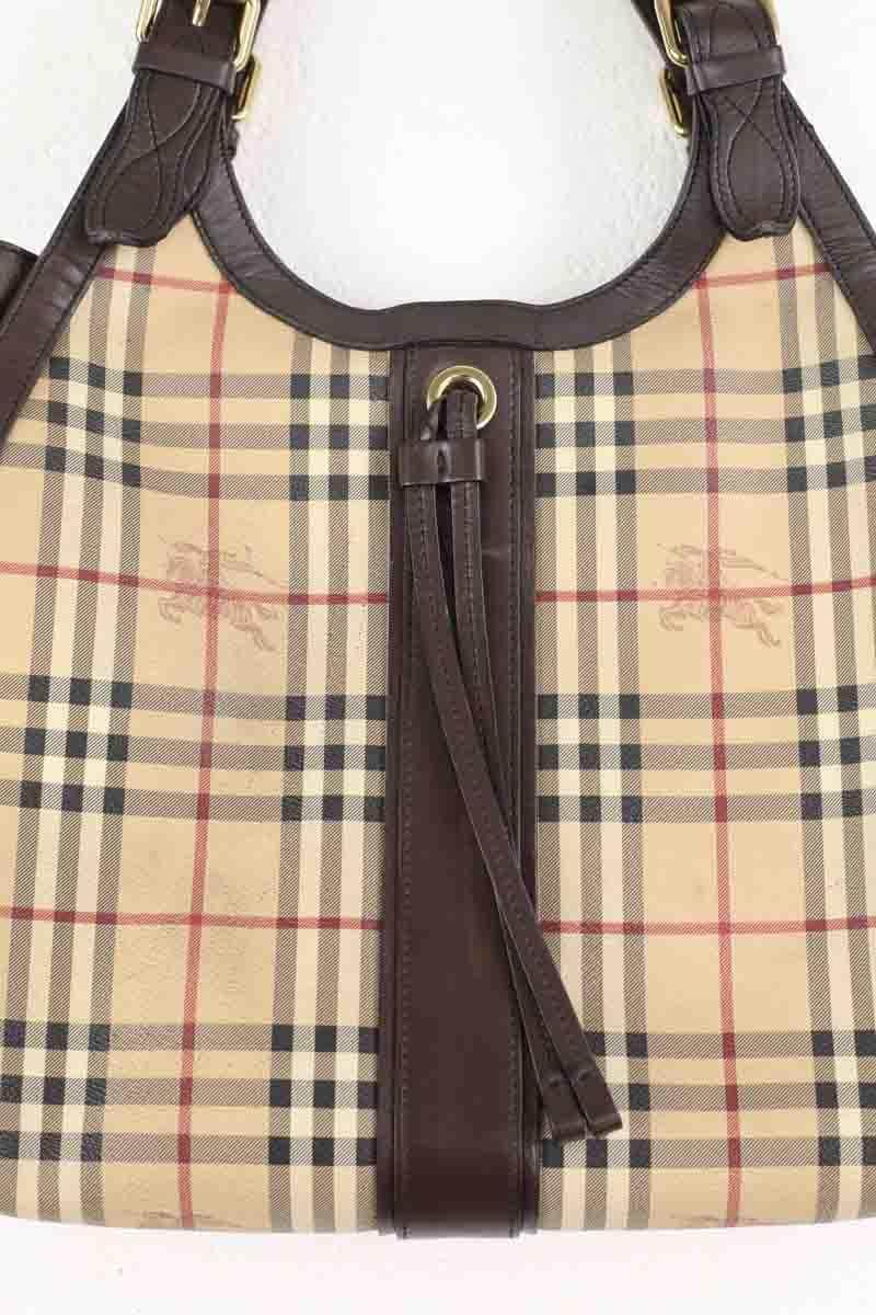 Cabas Burberry Burberry Haymarket check buckle drawstring tote Marron en Cuir