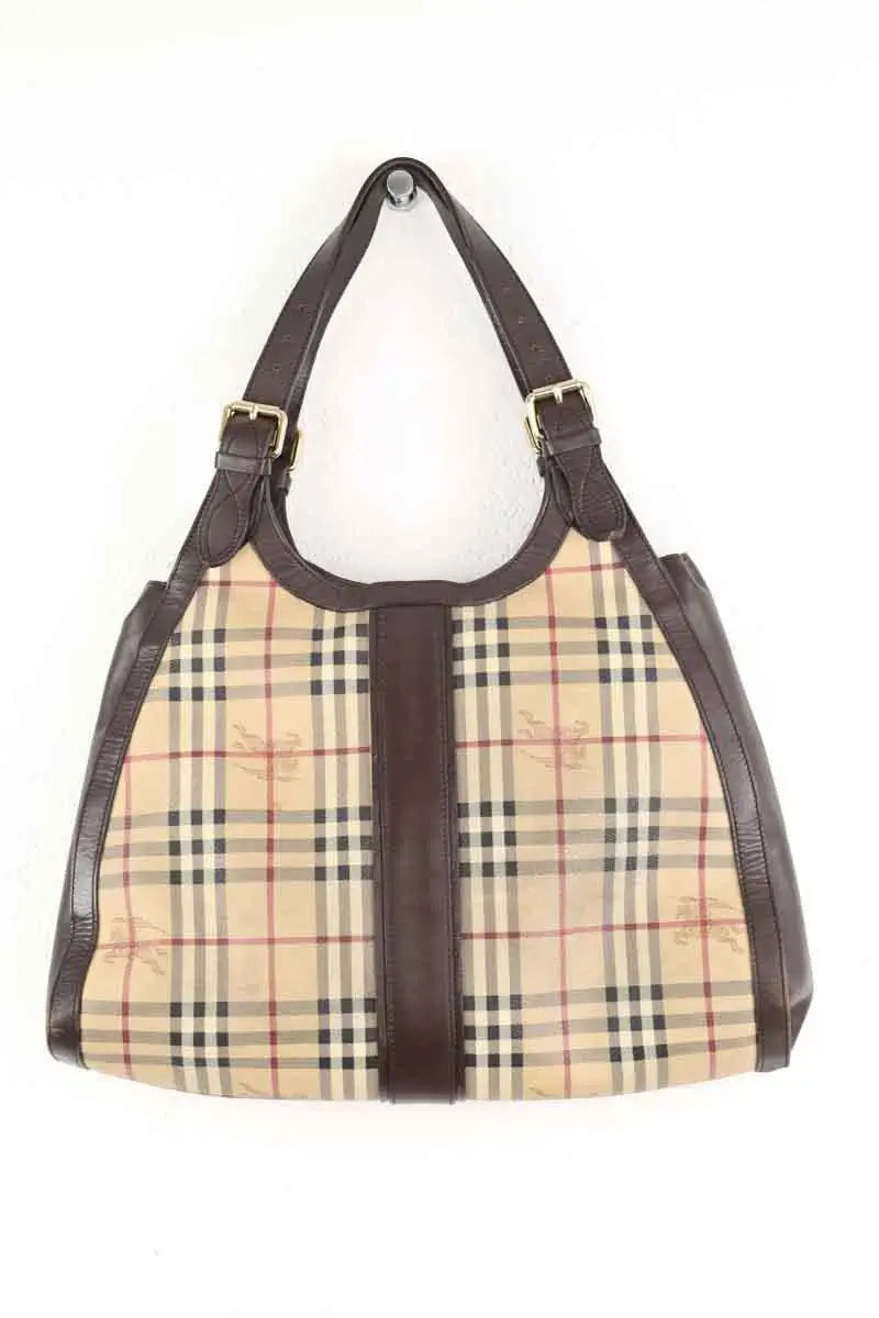 Cabas Burberry Burberry Haymarket check buckle drawstring tote Marron en Cuir