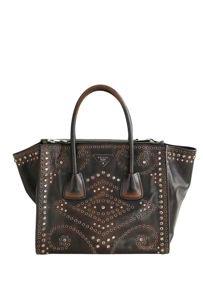 Cabas Prada Galleria, studded twin pocket  Marron en Cuir - Seconde Main