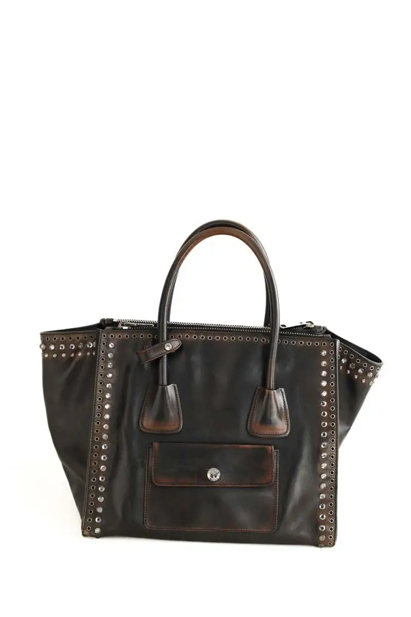 Cabas Prada Galleria, studded twin pocket  Marron en Cuir