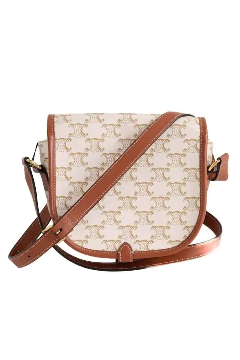 Sac à bandoulière Celine Folco toile triomphe Ecru en Cuir