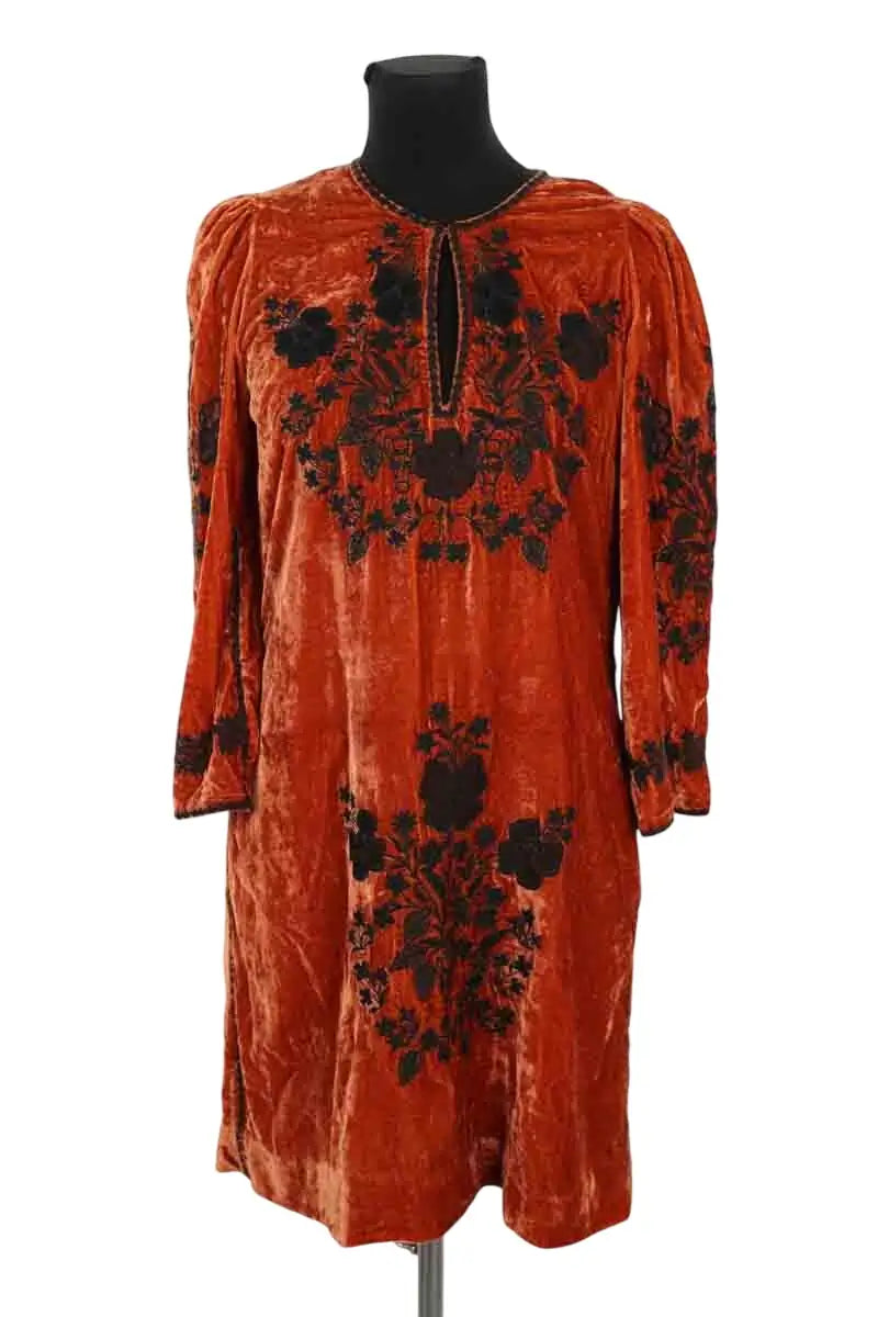 Robe Antik Batik Orange en Velours, taille M - Seconde Main