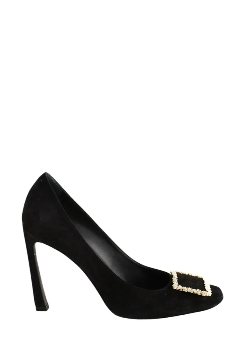 Talons Roger Vivier Flower Strass Buckle Noir en Cuir, taille 37 - Seconde Main