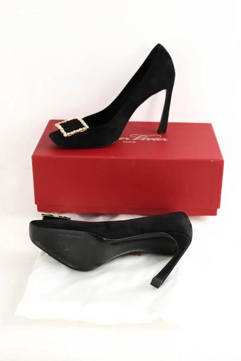 Talons Roger Vivier Flower Strass Buckle Noir en Cuir