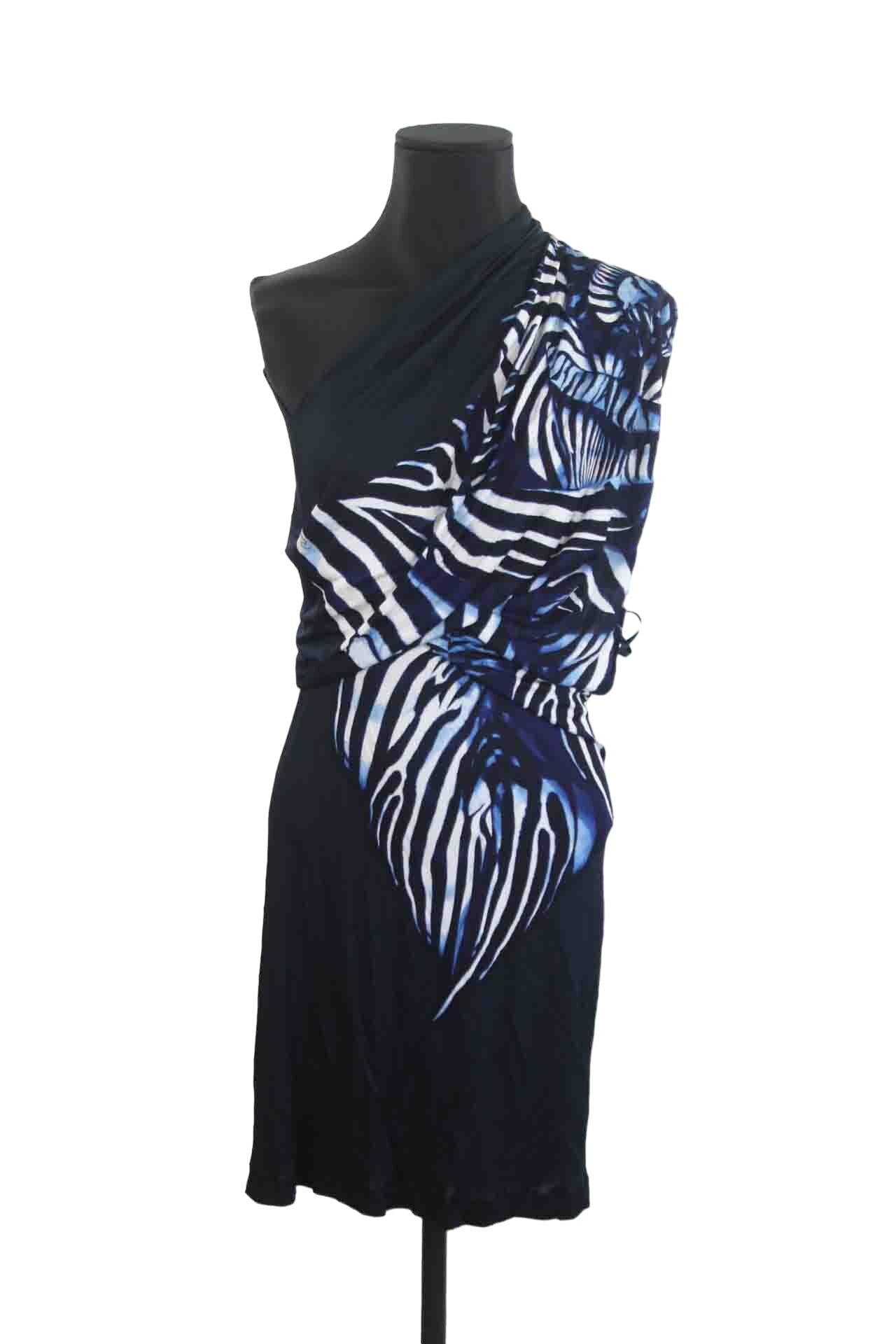 Robe Roberto Cavalli - Imprimé Noir, Vert, Blanc - Taille 42 - Corps Moulant - Fabriquée En Italie - Occasion Très Bon état